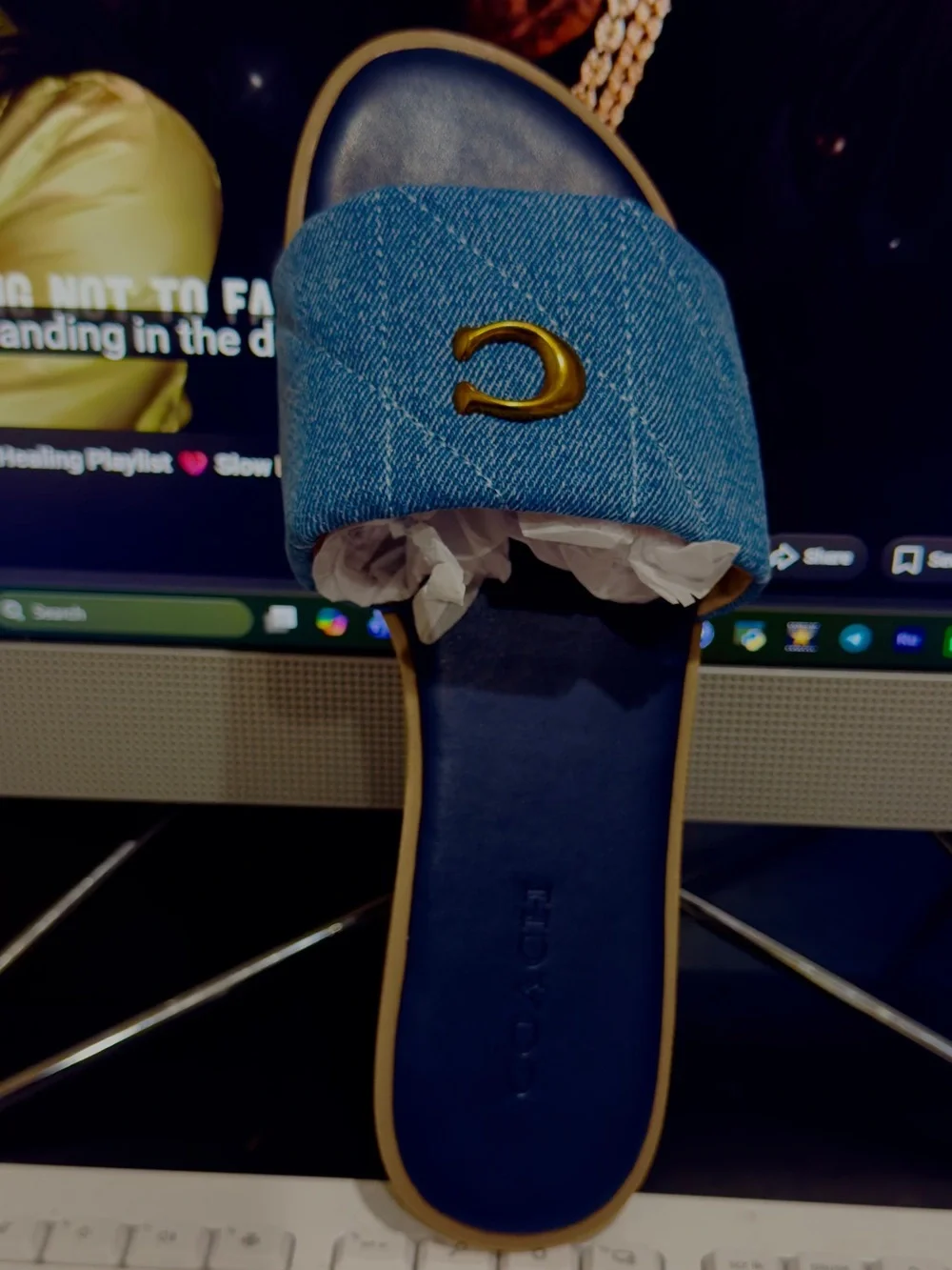Coach Blue Slide Sandals with Gold 'C'